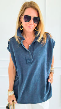 Weekend Ease Washed Collar Top - Navy-110 Short Sleeve Tops-White Birch-Coastal Bloom Boutique, find the trendiest versions of the popular styles and looks Located in Indialantic, FL