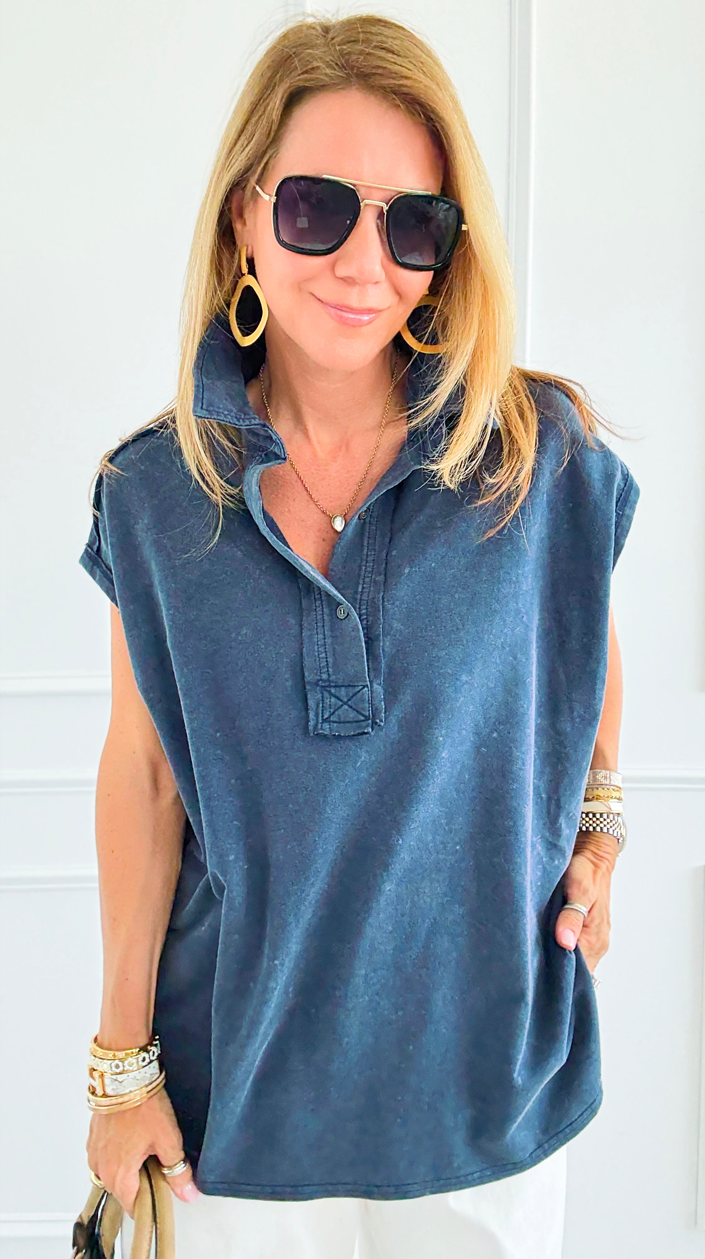 Weekend Ease Washed Collar Top - Navy-110 Short Sleeve Tops-White Birch-Coastal Bloom Boutique, find the trendiest versions of the popular styles and looks Located in Indialantic, FL