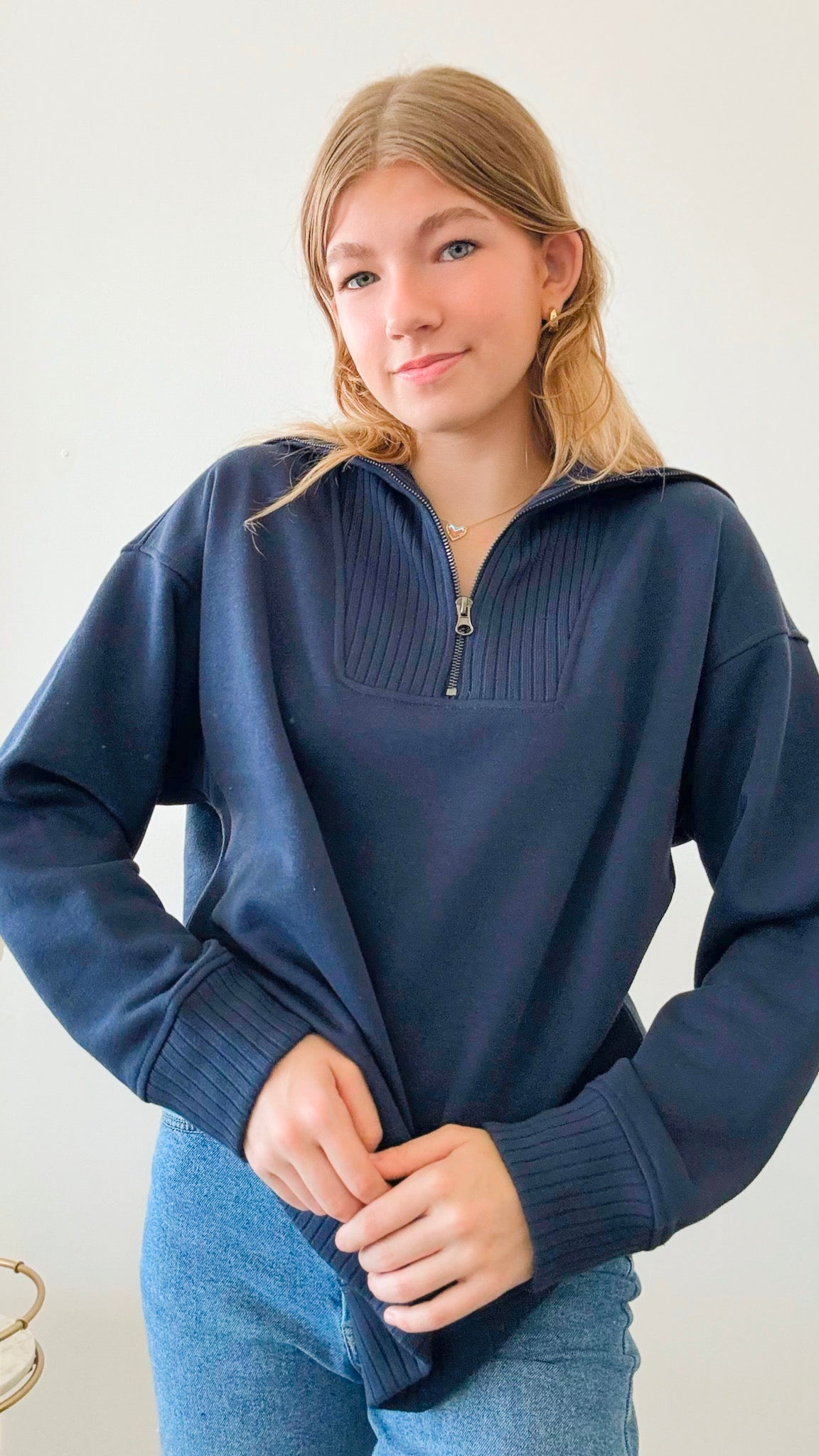French Terry Ribbed Mock Neck Pullover - Navy-140 Sweaters-RAE MODE-Coastal Bloom Boutique, find the trendiest versions of the popular styles and looks Located in Indialantic, FL