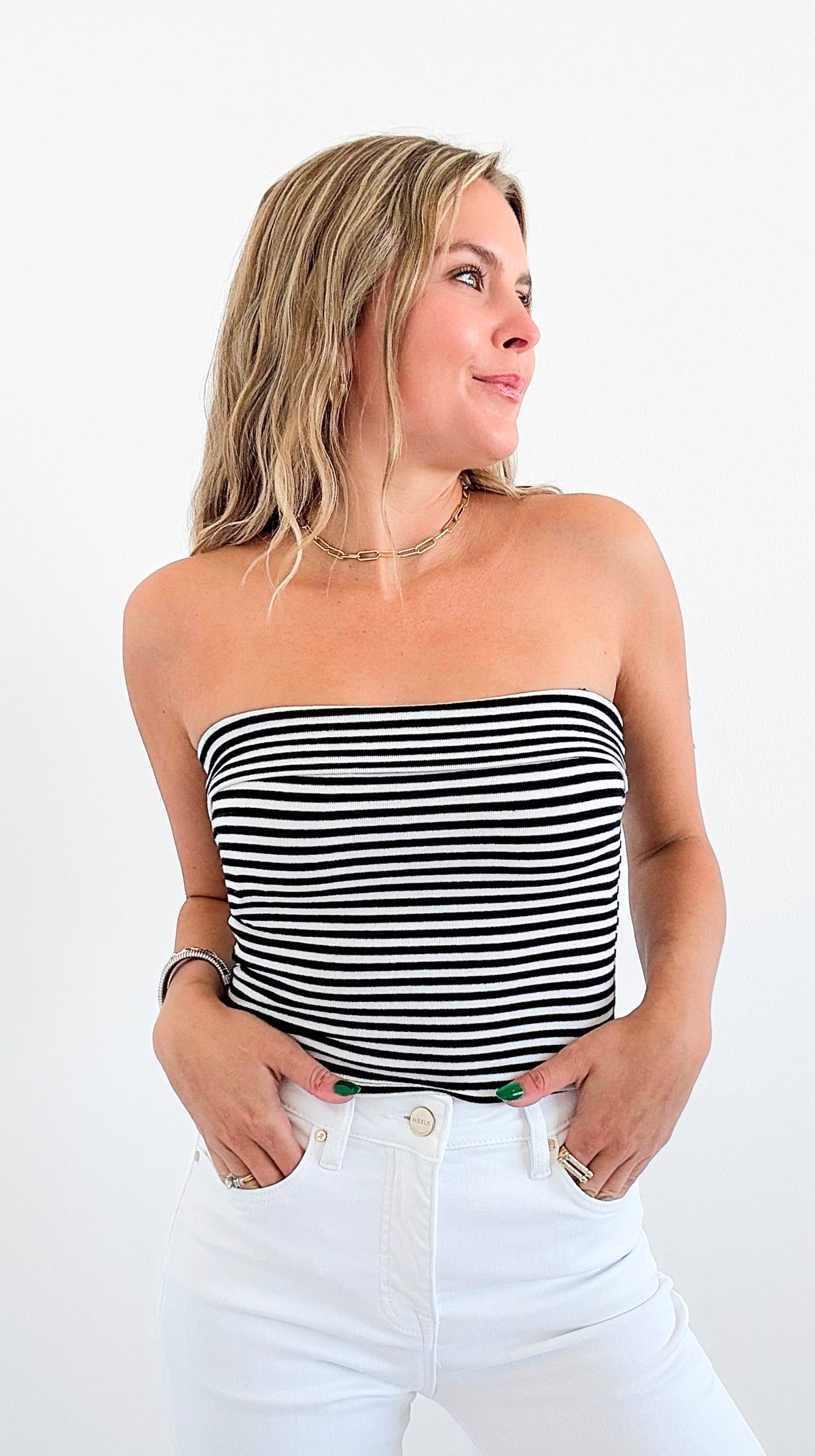 Stripe Foldover Tube Top-100 Sleeveless Tops-Blu Pepper-Coastal Bloom Boutique, find the trendiest versions of the popular styles and looks Located in Indialantic, FL