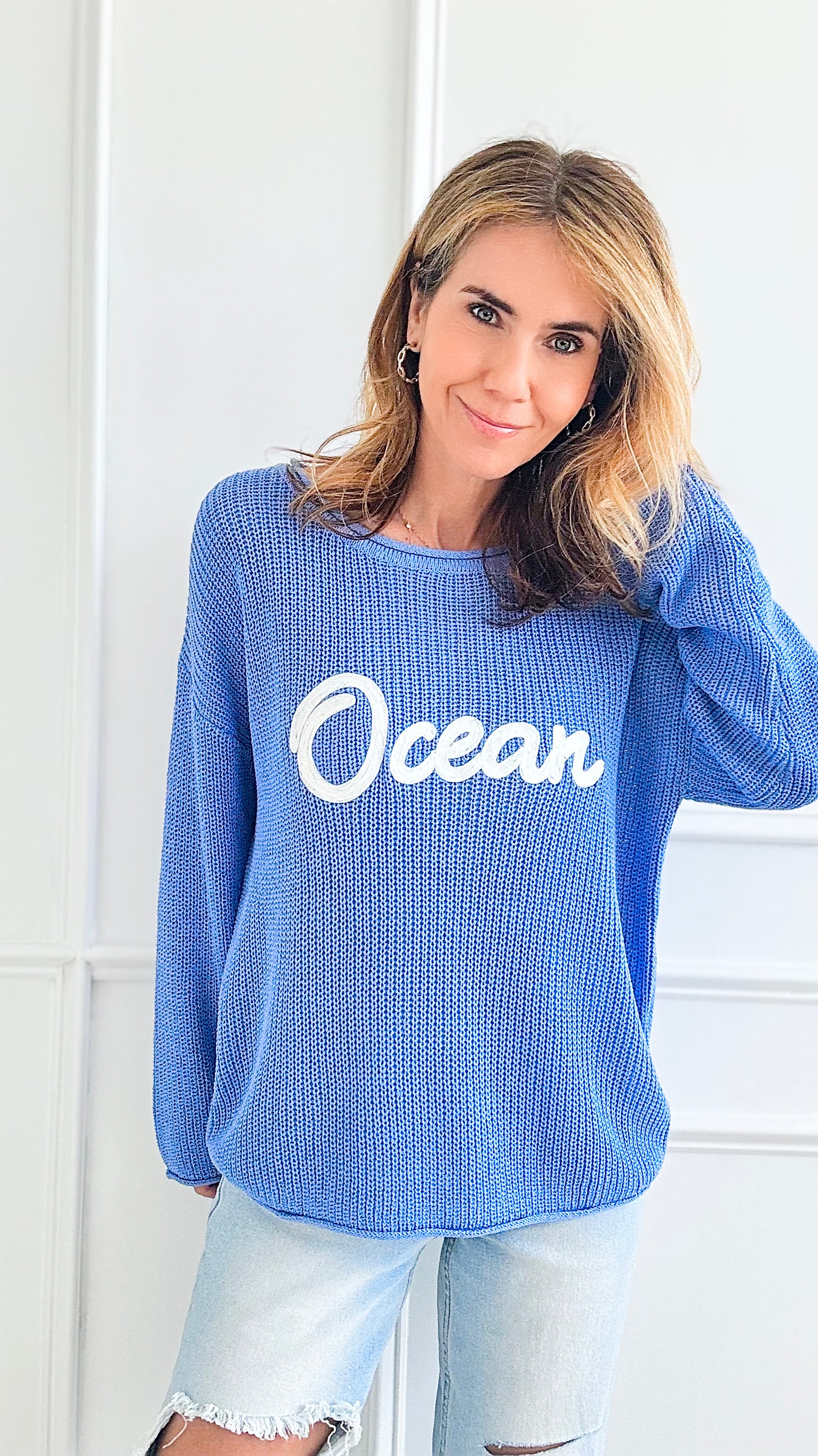 "Ocean" Embroidered Knit Top-130 Long Sleeve Tops-Anniewear-Coastal Bloom Boutique, find the trendiest versions of the popular styles and looks Located in Indialantic, FL