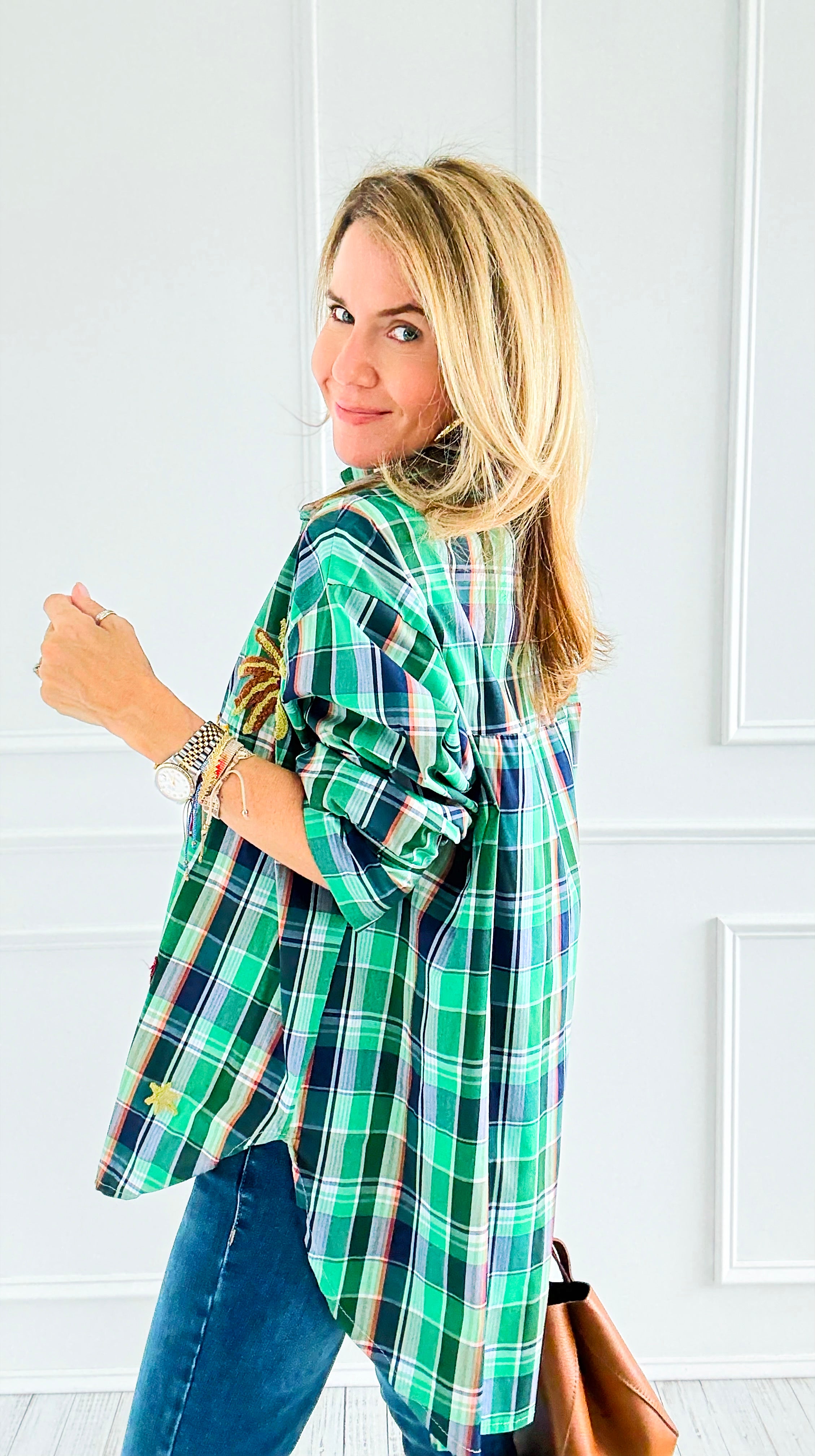 Desert Mirage Plaid Italian Blouse-Green-110 Long Sleeve Tops-TATTOO Z-Coastal Bloom Boutique, find the trendiest versions of the popular styles and looks Located in Indialantic, FL