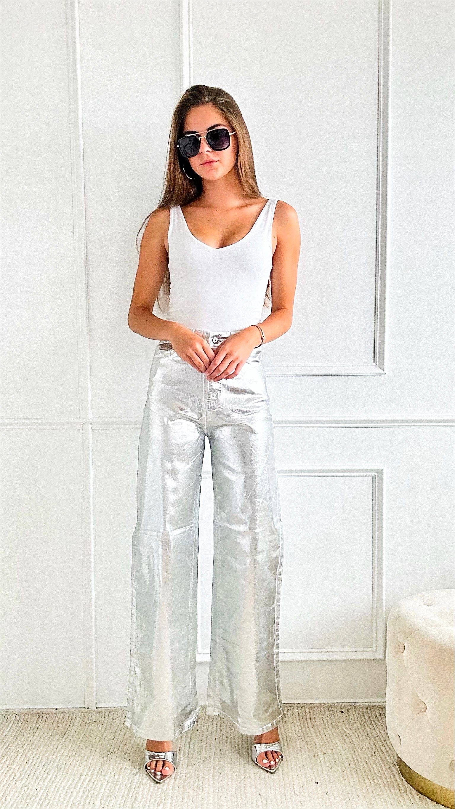 Metallic Foil Wide Leg Pants - Silver-170 Bottoms-Vibrant M.i.U-Coastal Bloom Boutique, find the trendiest versions of the popular styles and looks Located in Indialantic, FL