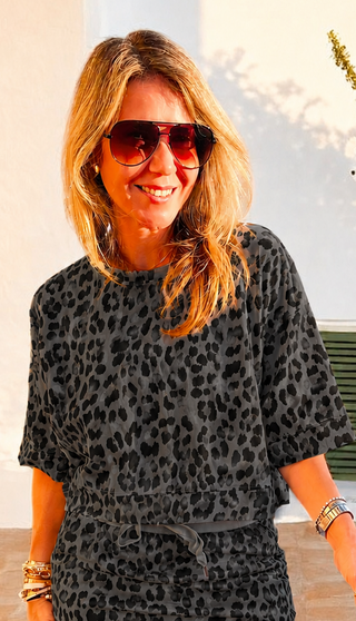 Leopard Weekend French Terry Italian Top - Gray
