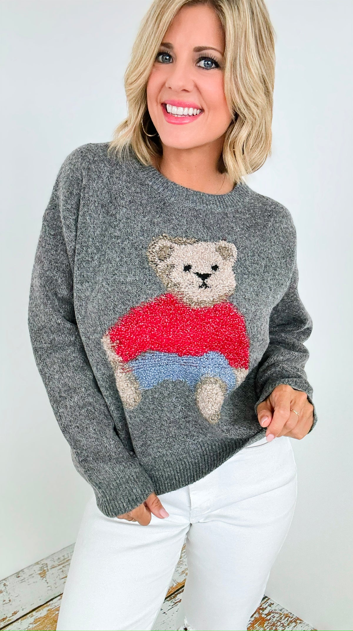 Cozy Bear Knit Sweater - Grey-140 Sweaters-Dreamers-Coastal Bloom Boutique, find the trendiest versions of the popular styles and looks Located in Indialantic, FL