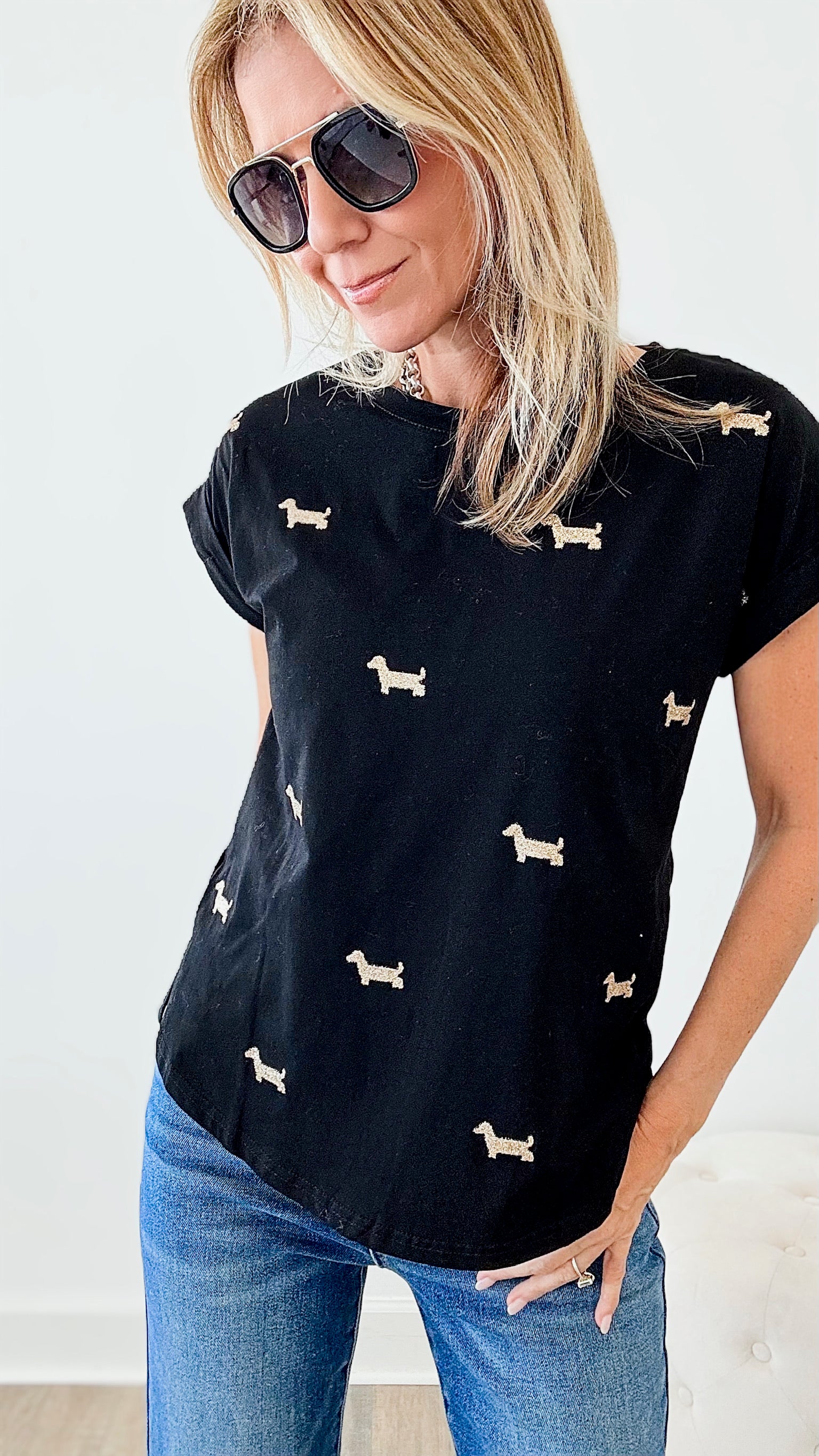 Gold Dachshund T-Shirt - Black-110 Short Sleeve Tops-TABA-Coastal Bloom Boutique, find the trendiest versions of the popular styles and looks Located in Indialantic, FL