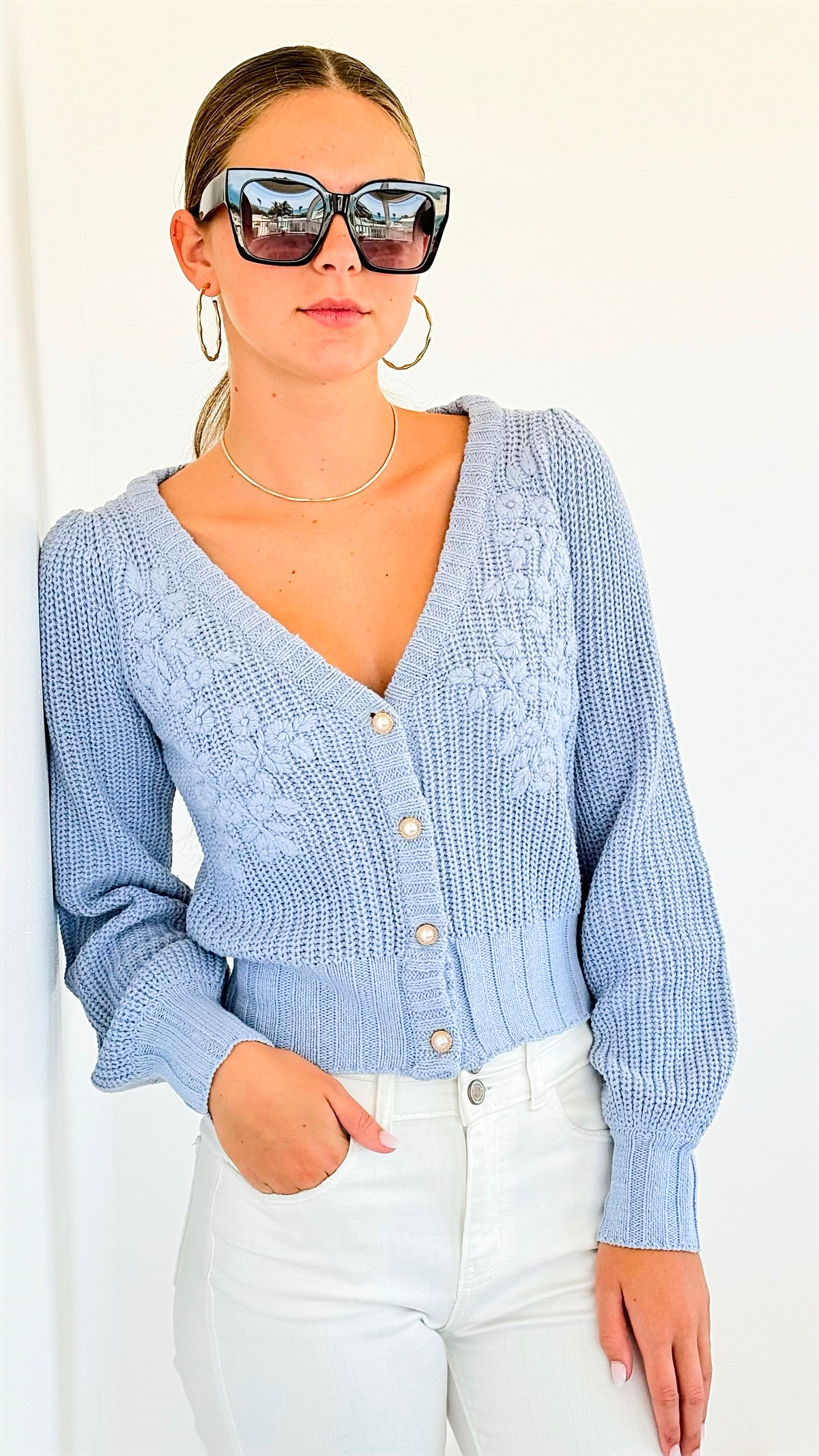 Button Down Embroidery Cardigan Sweater-140 Sweaters-Rousseau-Coastal Bloom Boutique, find the trendiest versions of the popular styles and looks Located in Indialantic, FL