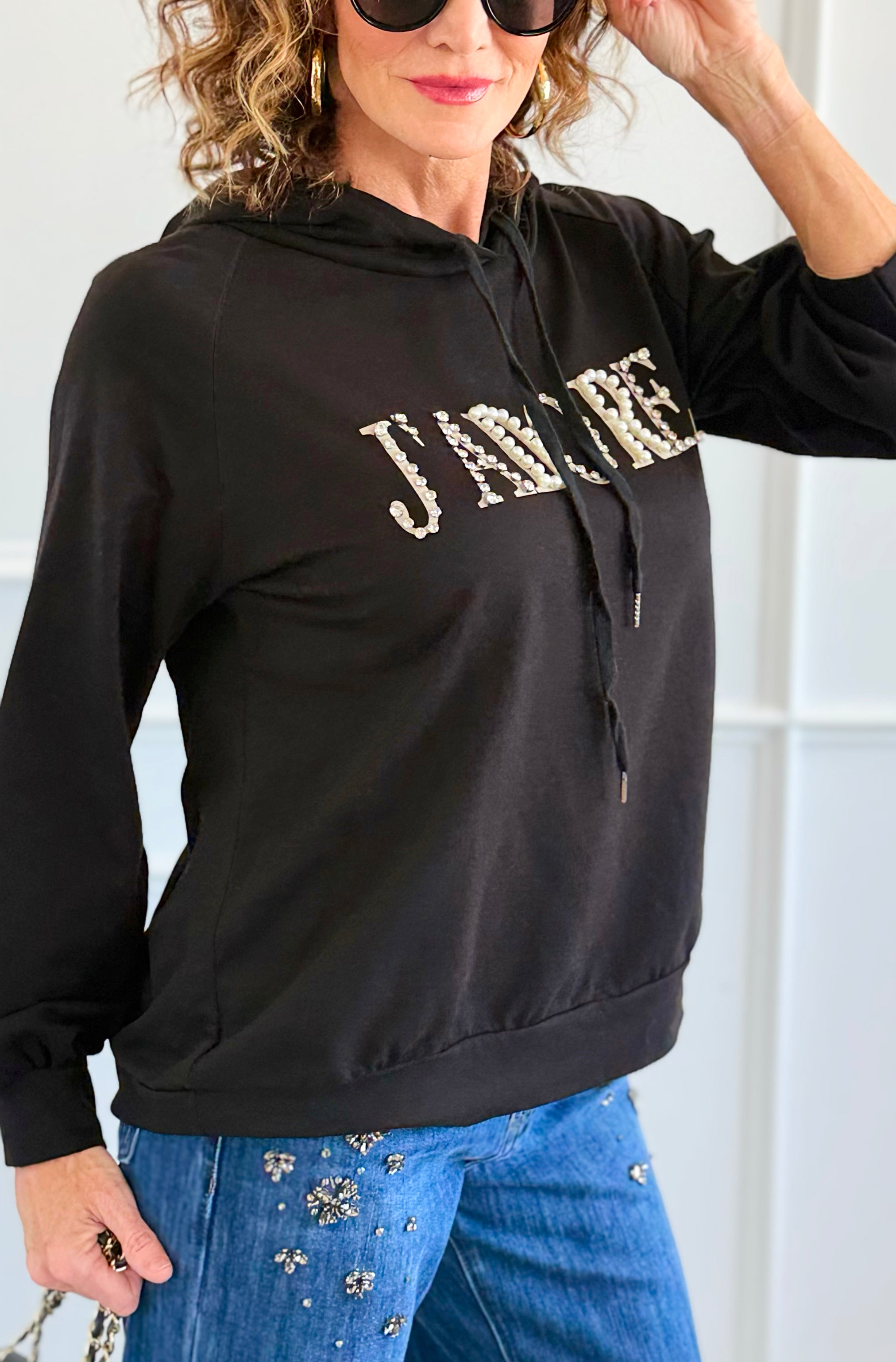 J'Adore Sparkle Italian Hoodie- Black-140 Sweaters-CRIS S.R.L.-Coastal Bloom Boutique, find the trendiest versions of the popular styles and looks Located in Indialantic, FL