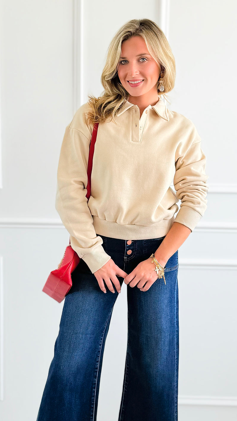 Whispered Grace Polo Top - Beige-130 Long Sleeve Tops-Rosio-Coastal Bloom Boutique, find the trendiest versions of the popular styles and looks Located in Indialantic, FL