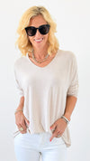 Relaxed Recoleta Lurex Trim Italian Top - Beige-130 Long Sleeve Tops-Italianissimo-Coastal Bloom Boutique, find the trendiest versions of the popular styles and looks Located in Indialantic, FL