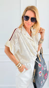 Flower Metallic & Striped Italian Blouse-170 Bottoms-SEÑORITA C/CLEAR S-Coastal Bloom Boutique, find the trendiest versions of the popular styles and looks Located in Indialantic, FL