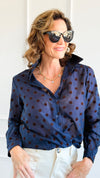 Charmed In Dots Italian Button Up Top- Navy-170 Bottoms-AZUL MONACO-Coastal Bloom Boutique, find the trendiest versions of the popular styles and looks Located in Indialantic, FL