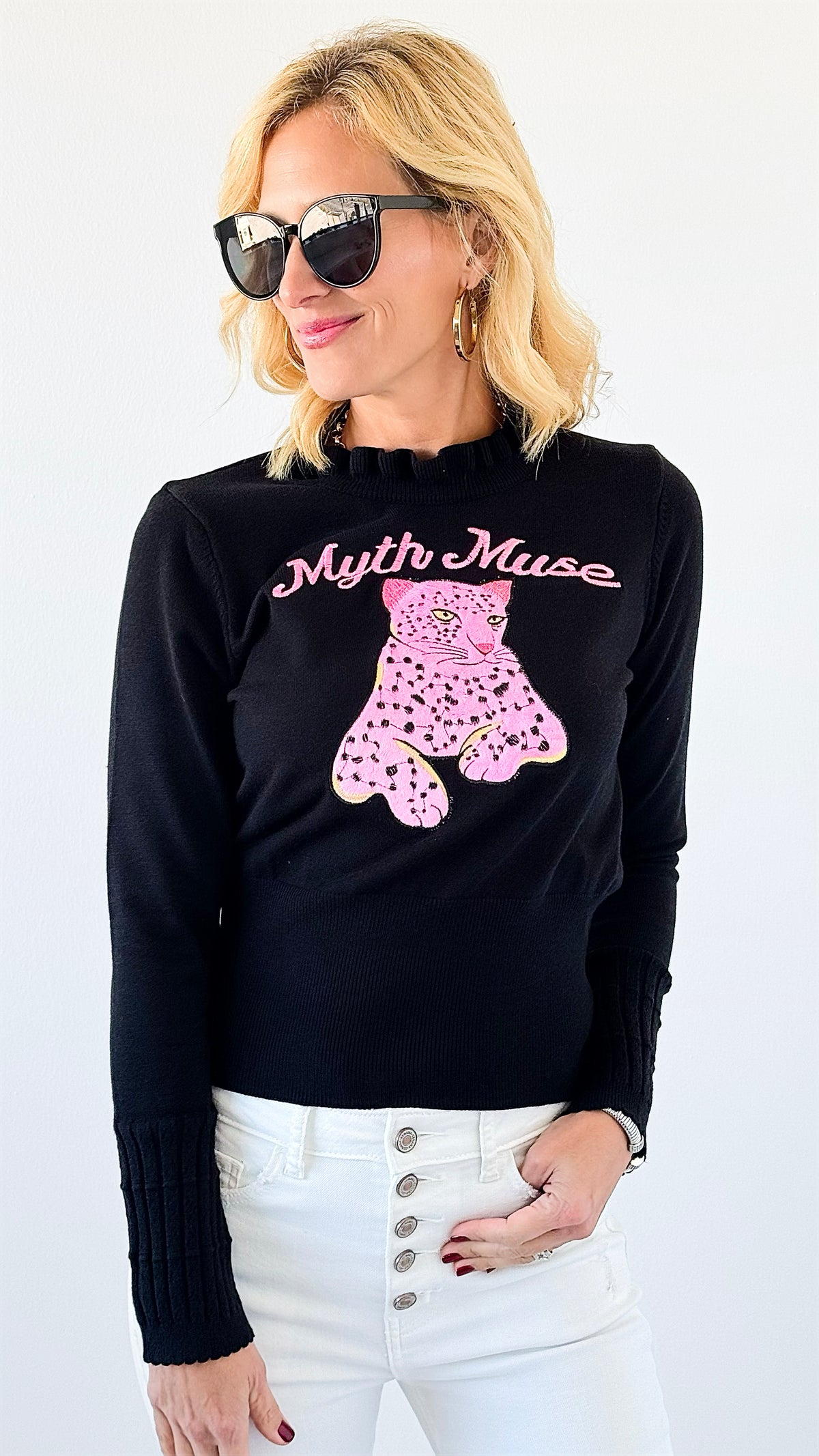 Pink Panther Graphic Sweater-140 Sweaters-Dazzling-Coastal Bloom Boutique, find the trendiest versions of the popular styles and looks Located in Indialantic, FL