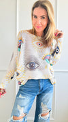 Evil Eye Italian St Tropez Knit- Light Grey-140 Sweaters-Italianissimo-Coastal Bloom Boutique, find the trendiest versions of the popular styles and looks Located in Indialantic, FL