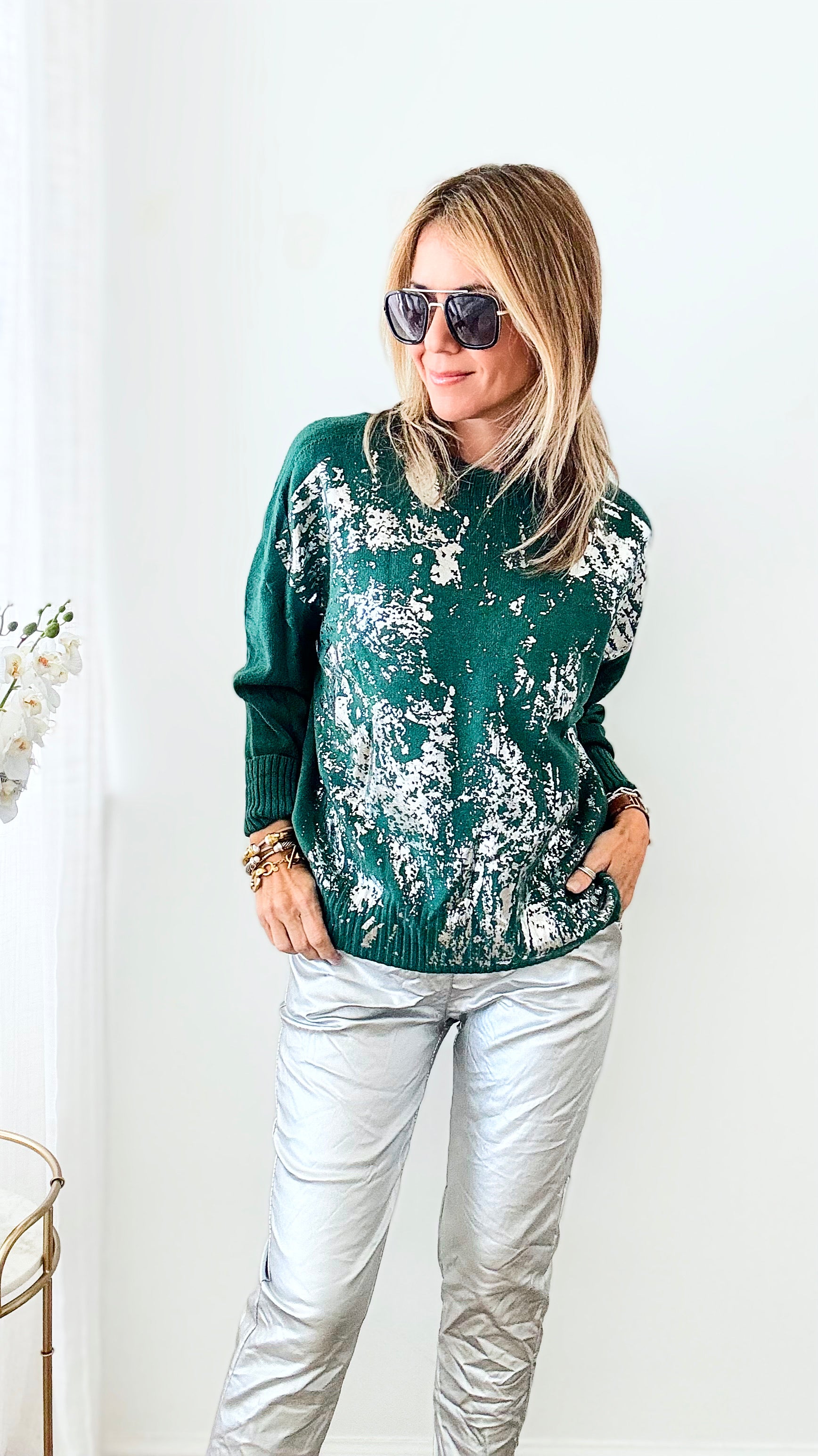 Boatneck Italian Silver Foil Sweater-140 Sweaters-Look Mode-Coastal Bloom Boutique, find the trendiest versions of the popular styles and looks Located in Indialantic, FL