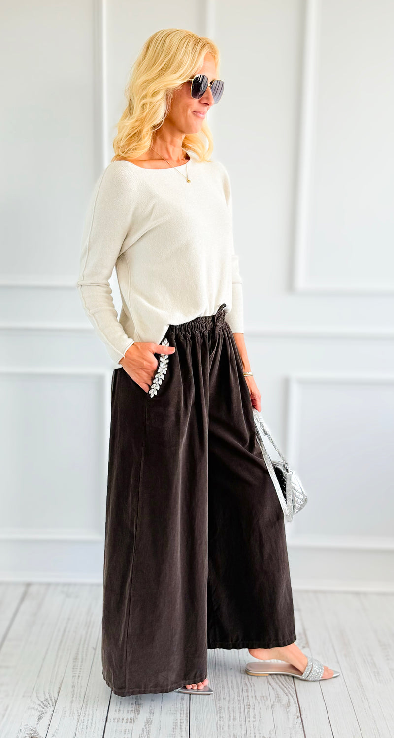 Ease Embellished Corduroy Italian Relaxed Pant- Brown-100 Pants-TATTOO Z-Coastal Bloom Boutique, find the trendiest versions of the popular styles and looks Located in Indialantic, FL