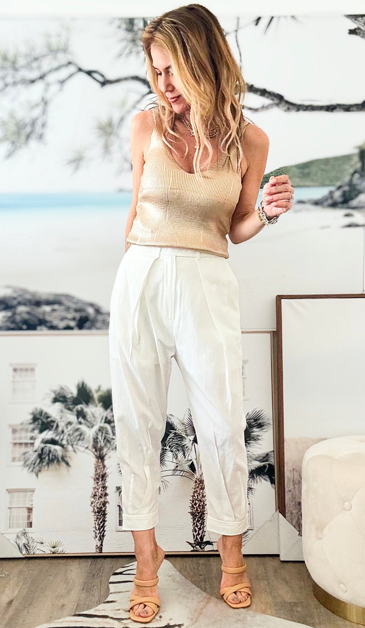 High Waist Pleated Tapered Pants - Off White-pants-Nylon Apparel-Coastal Bloom Boutique, find the trendiest versions of the popular styles and looks Located in Indialantic, FL