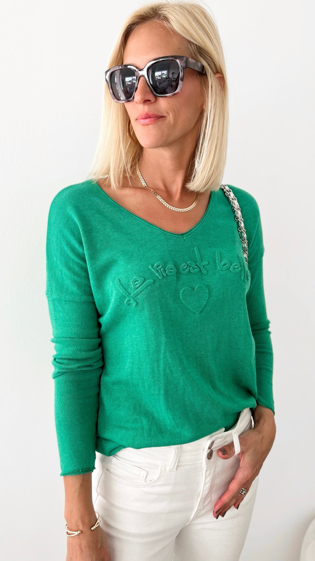 "La Vie Est Belle" Lightweight Knit Top - Kelly Green-130 Long sleeve top-VENTI6 OUTLET-Coastal Bloom Boutique, find the trendiest versions of the popular styles and looks Located in Indialantic, FL