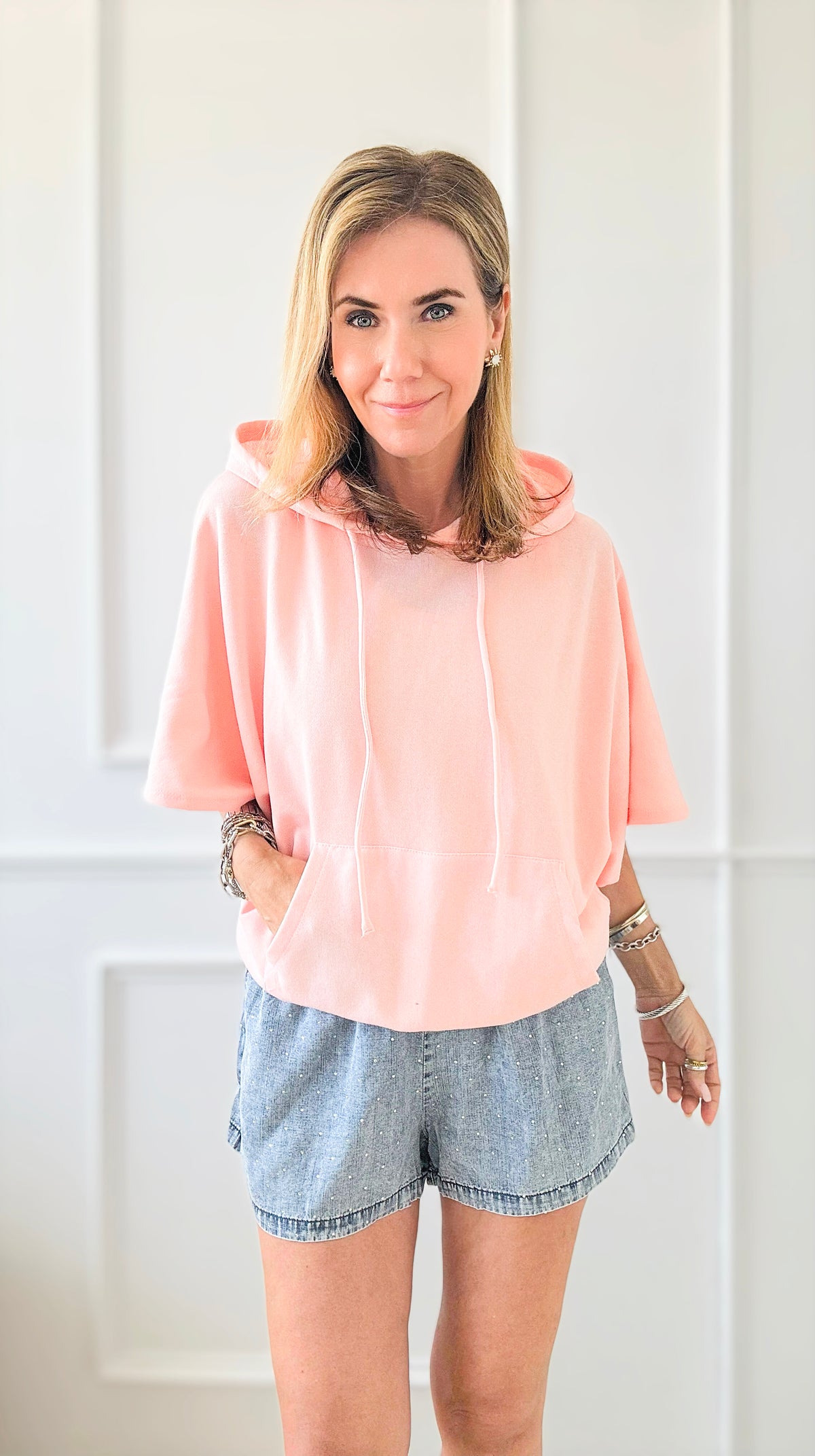 Flare Sleeve Hoodied Top - Light Pink-110 Short Sleeve Tops-CULTURE CODE-Coastal Bloom Boutique, find the trendiest versions of the popular styles and looks Located in Indialantic, FL