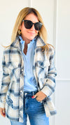Frosted Plaid Varsity Shacket-160 Jackets-SMOKE RISE RED-Coastal Bloom Boutique, find the trendiest versions of the popular styles and looks Located in Indialantic, FL