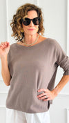 Break Free Round - Neck 3/4 Sleeve Italian Sweater Top - Dk Taupe-140 Sweaters-J.D. PRONTO MODA-Coastal Bloom Boutique, find the trendiest versions of the popular styles and looks Located in Indialantic, FL