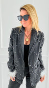 Pearl Glamour Denim Blazer-160 Jackets-ROUSSEAU-Coastal Bloom Boutique, find the trendiest versions of the popular styles and looks Located in Indialantic, FL