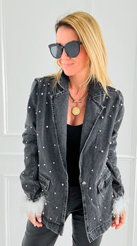 Pearl Glamour Denim Blazer-160 Jackets-ROUSSEAU-Coastal Bloom Boutique, find the trendiest versions of the popular styles and looks Located in Indialantic, FL
