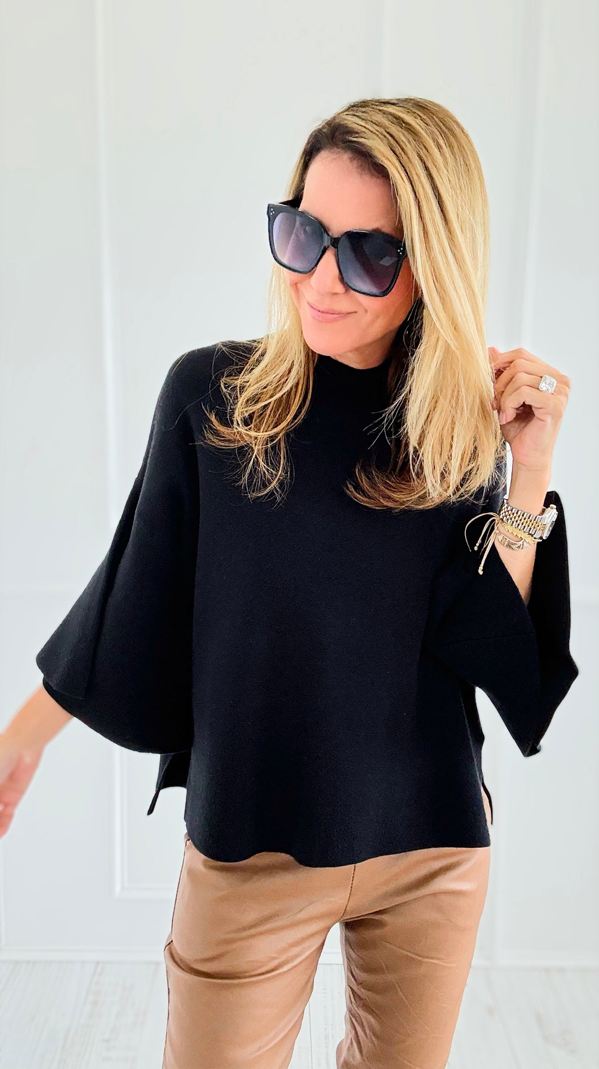 Bell Sleeve Sweater- Black-140 Sweaters-Zenana-Coastal Bloom Boutique, find the trendiest versions of the popular styles and looks Located in Indialantic, FL