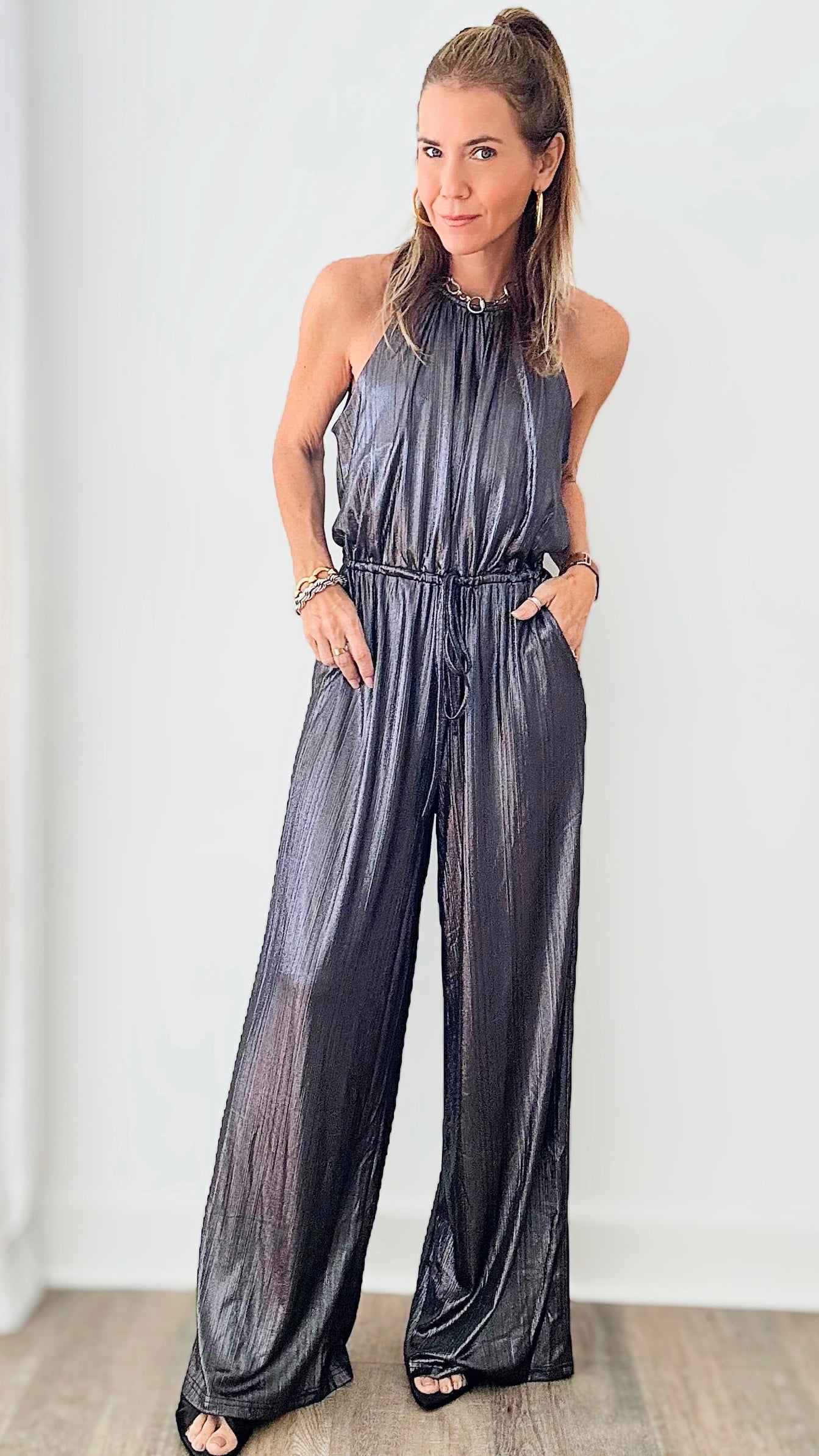 Metallic Drawstring Waist Jumpsuit-200 Dresses/Jumpsuits/Rompers-GIGIO-Coastal Bloom Boutique, find the trendiest versions of the popular styles and looks Located in Indialantic, FL