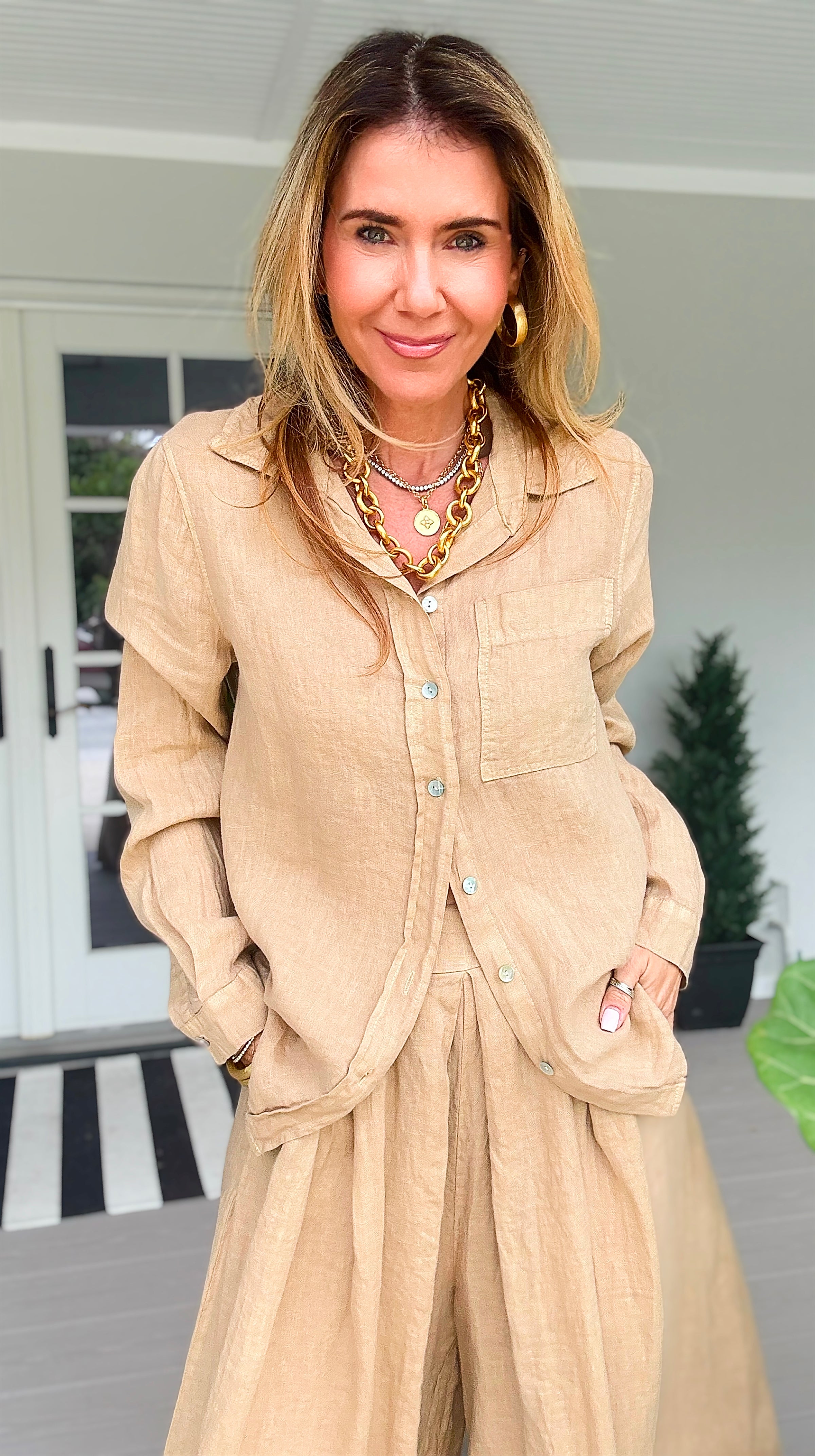 Tuscany Linen Italian Button Top- Light Camel