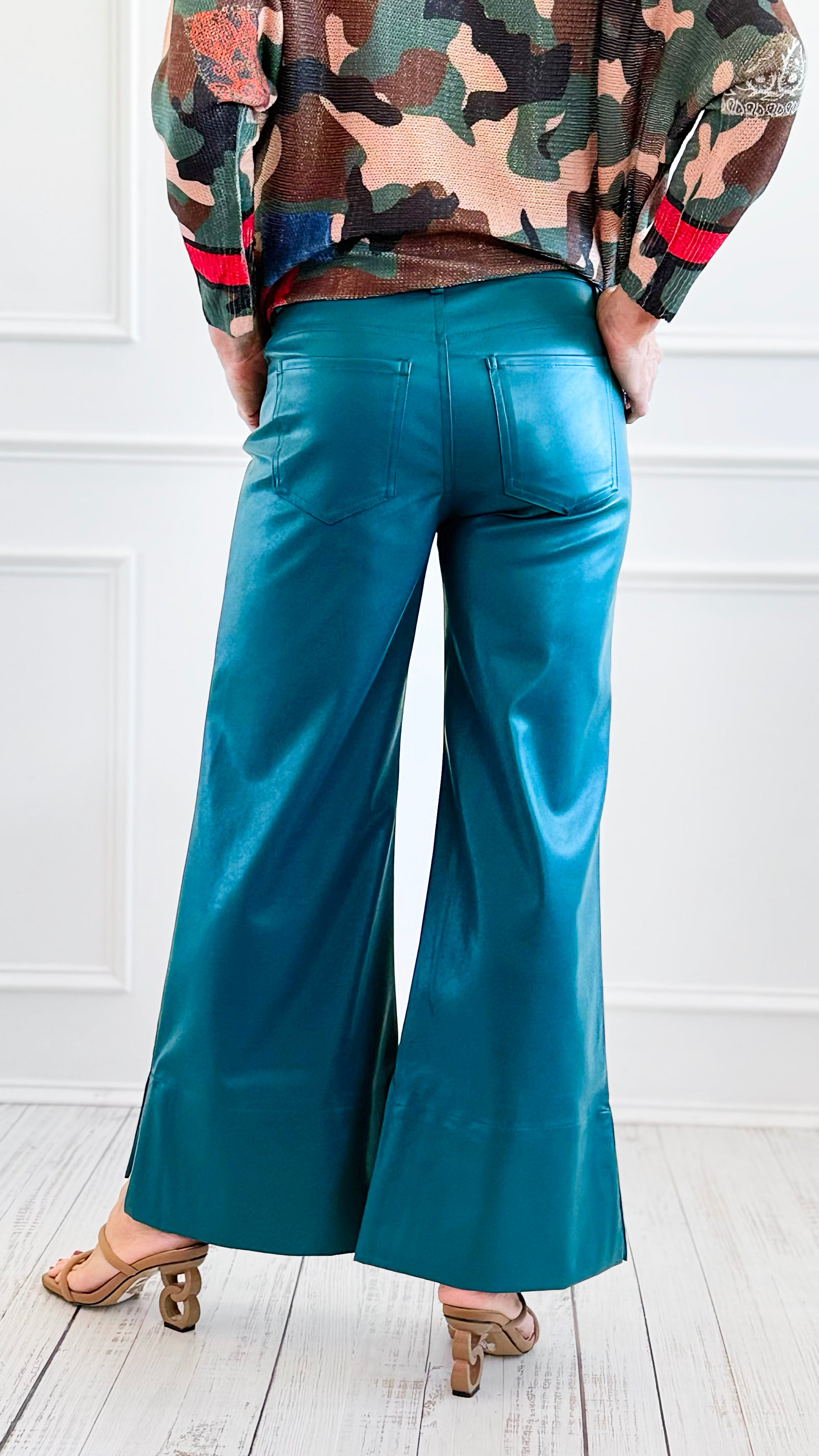 Holiday Luxe Faux Leather Flare Leg Pants - Hunter-100 Pants-SO ME-Coastal Bloom Boutique, find the trendiest versions of the popular styles and looks Located in Indialantic, FL