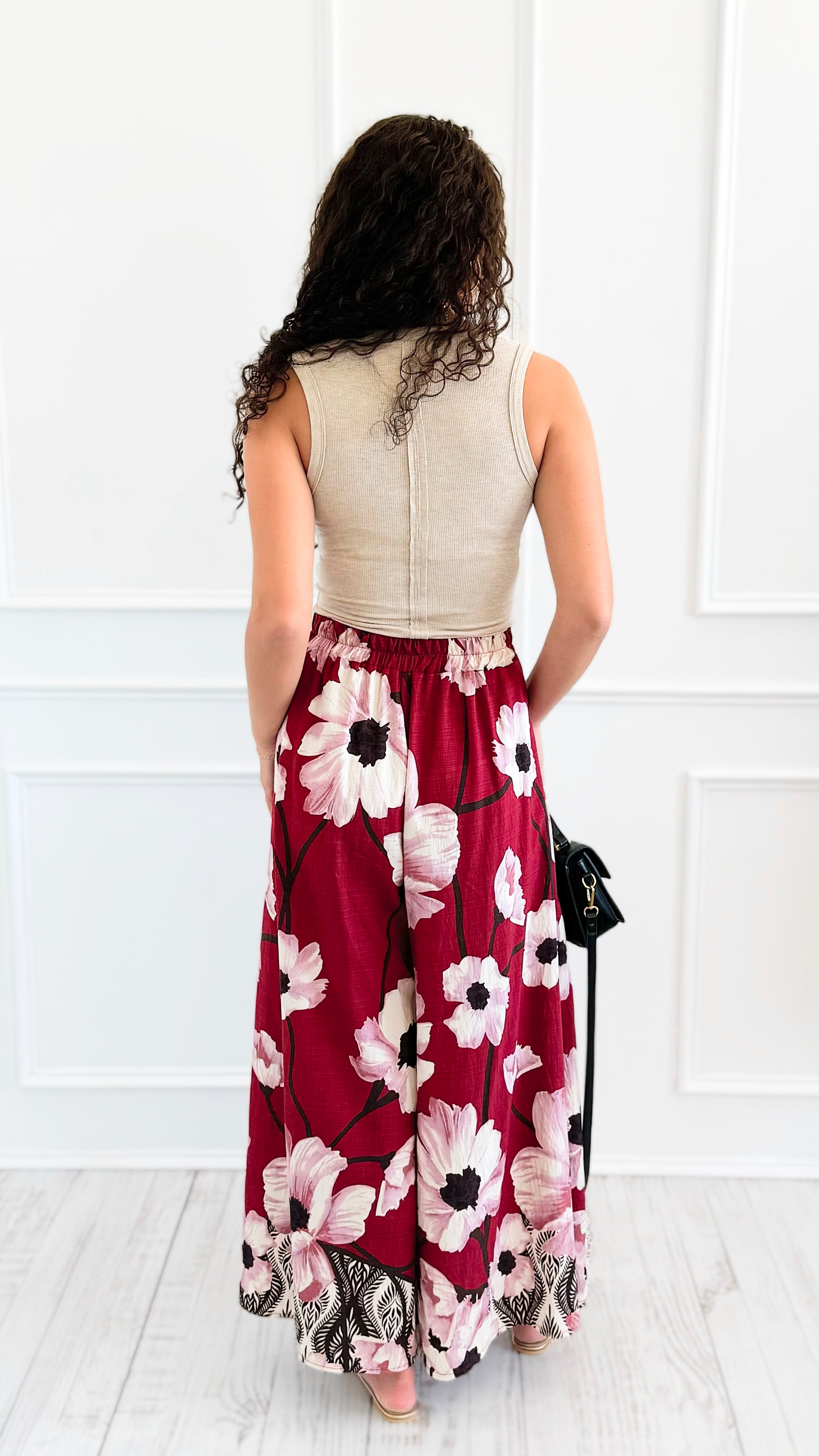 Garden Escape Italian Palazzo Pant- Burgundy-100 Pants-AZUL MONACO-Coastal Bloom Boutique, find the trendiest versions of the popular styles and looks Located in Indialantic, FL