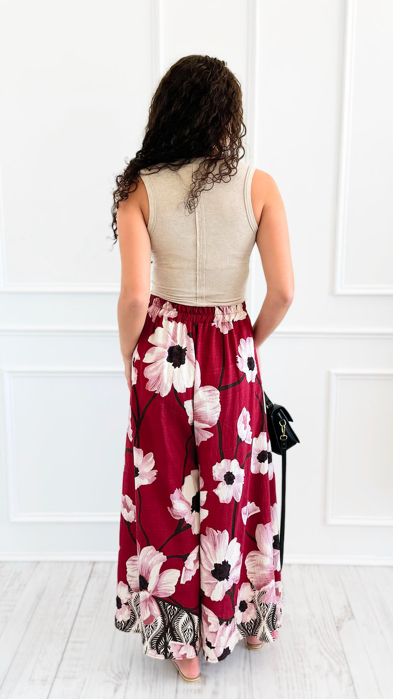 Garden Escape Italian Palazzo Pant- Burgundy-100 Pants-AZUL MONACO-Coastal Bloom Boutique, find the trendiest versions of the popular styles and looks Located in Indialantic, FL