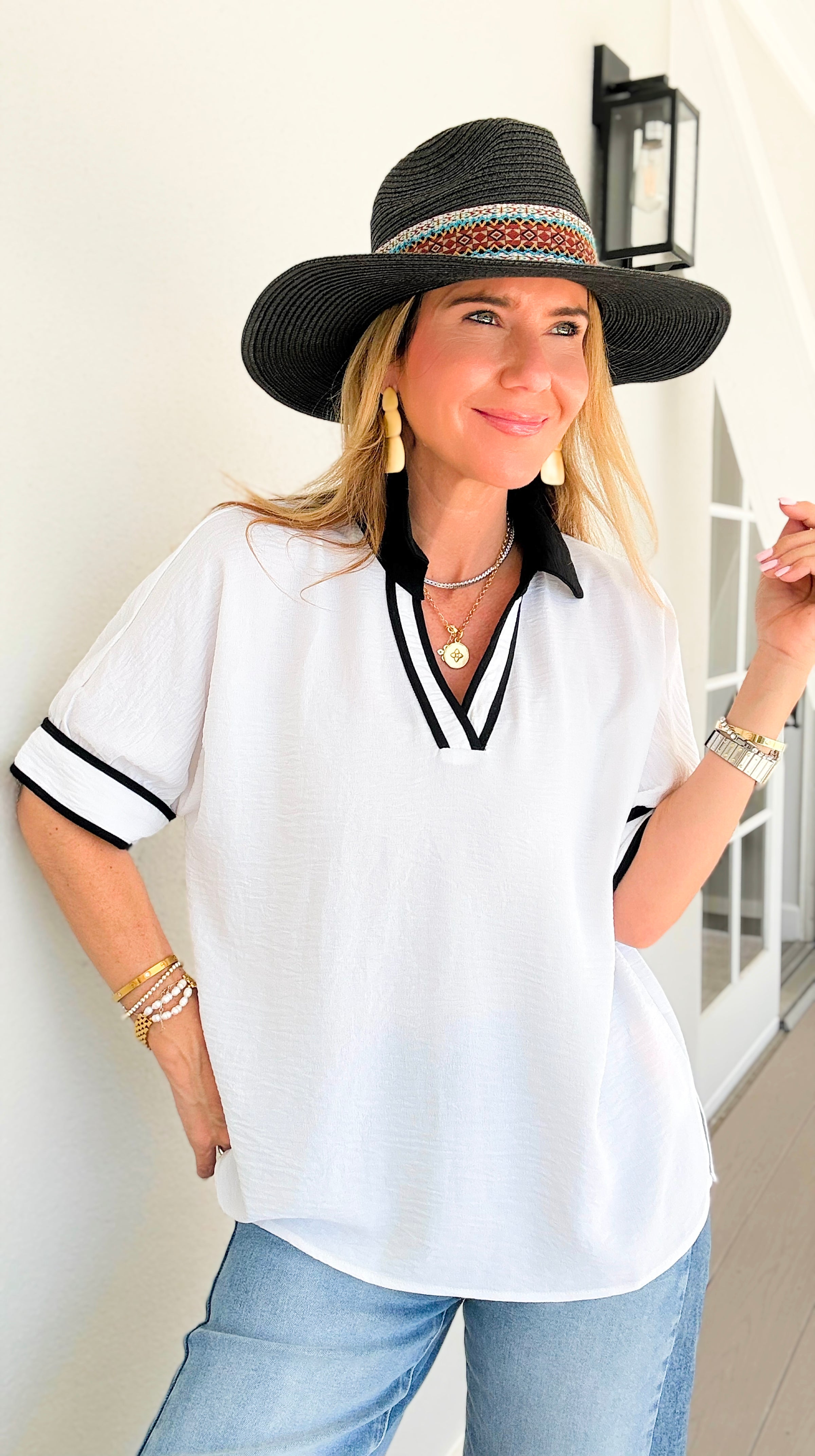 The Relaxed Contrast Trim Blouse - Off White