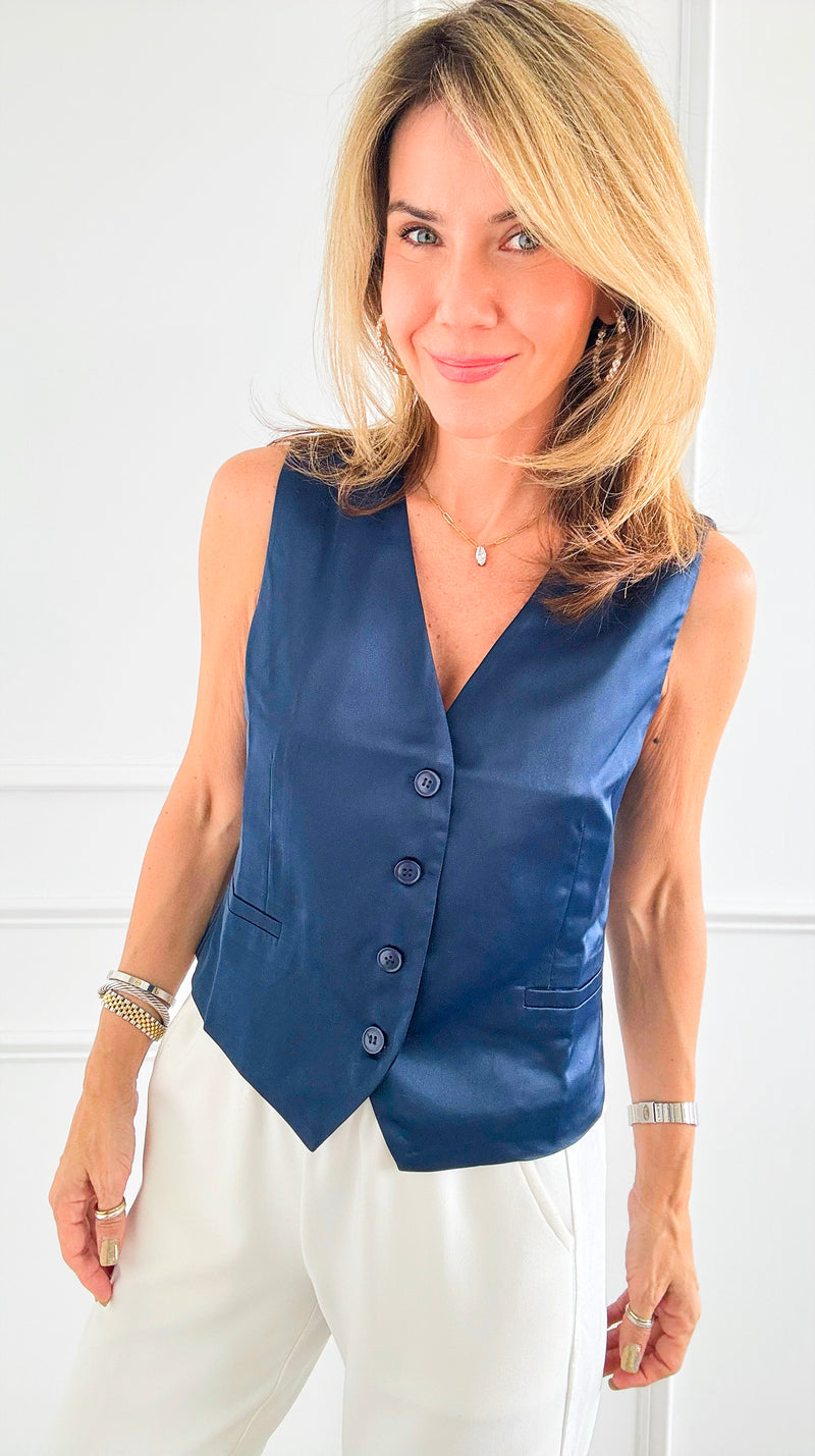 Sophisticated Satin Buttoned Vest - Navy-100 Sleeveless Tops-Must Have-Coastal Bloom Boutique, find the trendiest versions of the popular styles and looks Located in Indialantic, FL