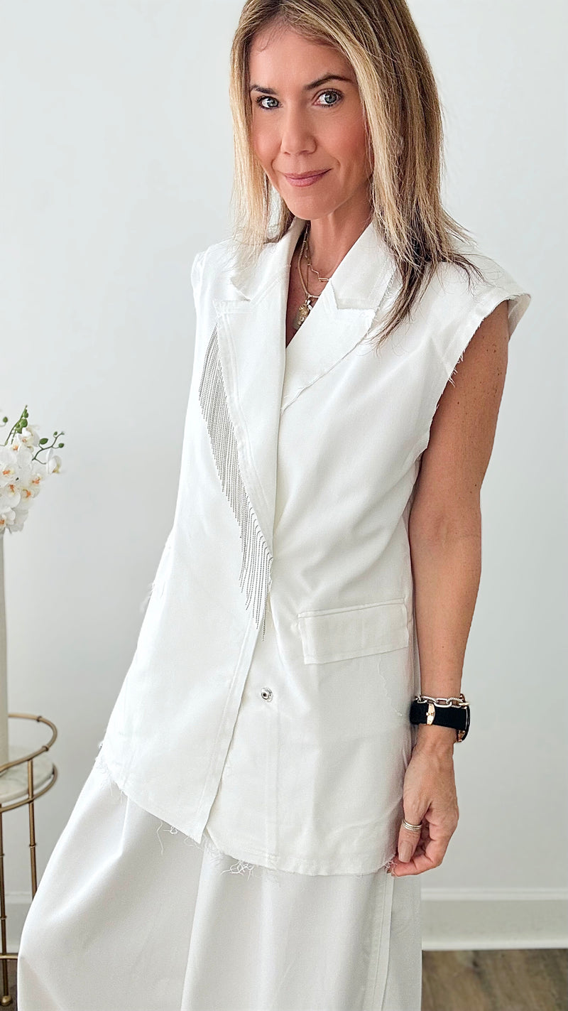 Raw Edge Fringes Tailored Vest - Ivory-150 Cardigans/Layers-Vocal-Coastal Bloom Boutique, find the trendiest versions of the popular styles and looks Located in Indialantic, FL