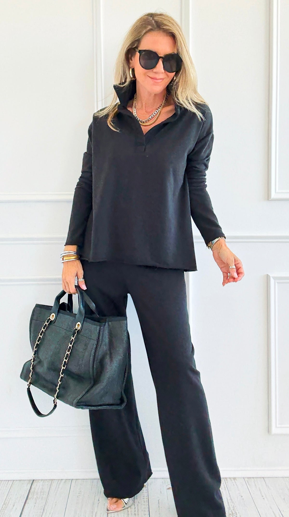 Chic & Cozy Eileen French Terry Pant Set-Black-210 Loungewear/sets-EC COLLECTION INC-Coastal Bloom Boutique, find the trendiest versions of the popular styles and looks Located in Indialantic, FL