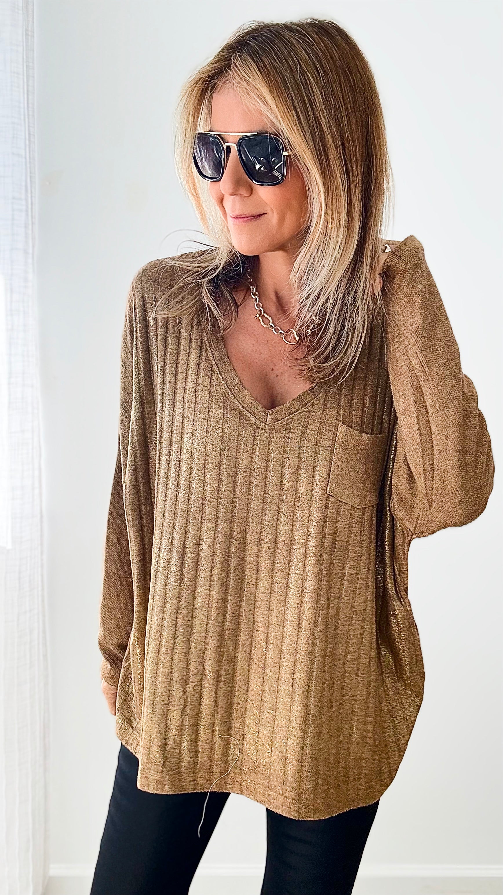 Shimmer and Shine V-Neck Italian Ribbed Pullover - Camel-140 Sweaters-Germany-Coastal Bloom Boutique, find the trendiest versions of the popular styles and looks Located in Indialantic, FL