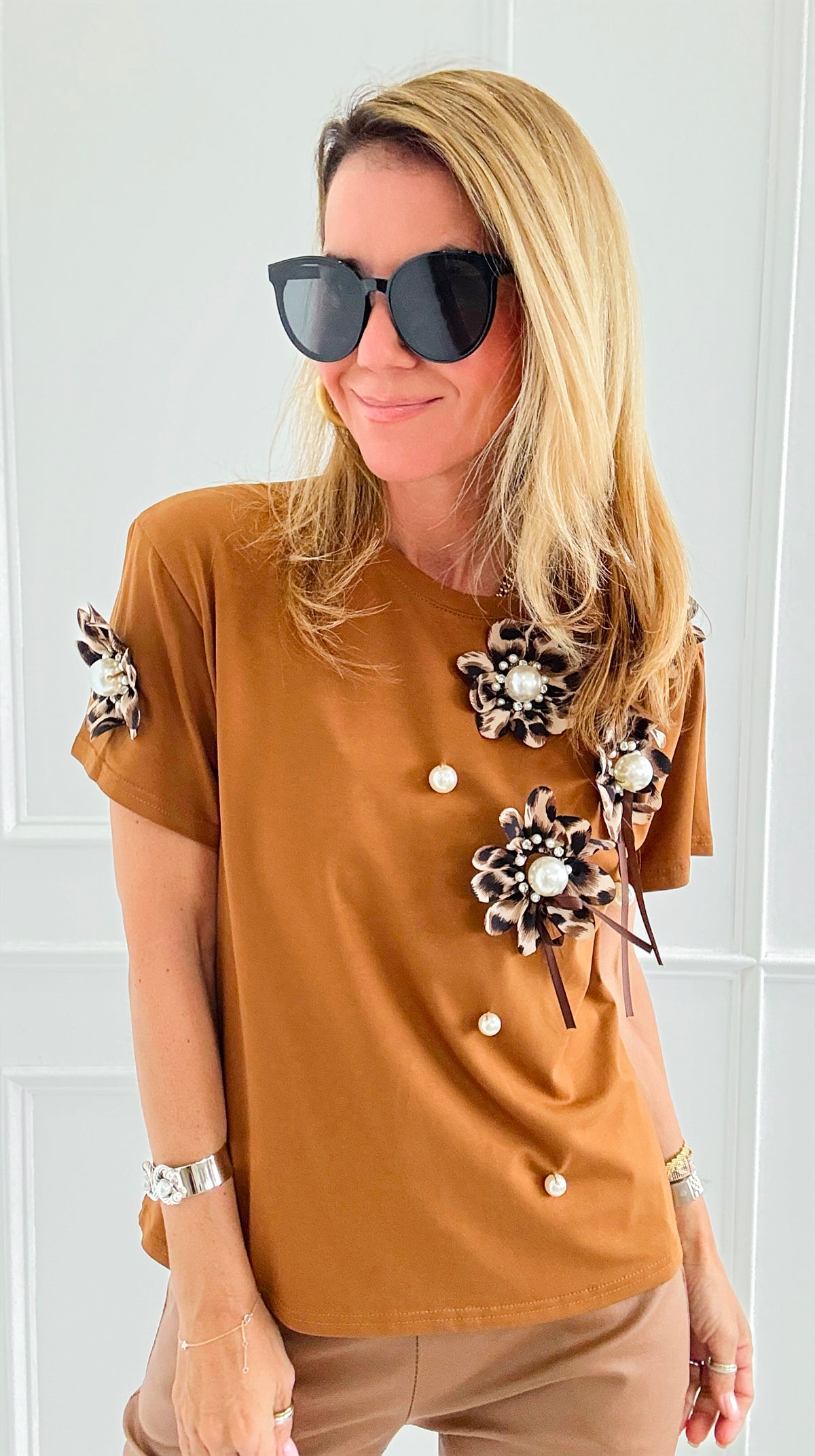 Embellished Floral Appliqué Tee-110 short Sleeve Top-PASTEL DESIGN-Coastal Bloom Boutique, find the trendiest versions of the popular styles and looks Located in Indialantic, FL