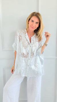 Silver Poised Lace Italian Button Top-170 bottoms-TATTOO Z-Coastal Bloom Boutique, find the trendiest versions of the popular styles and looks Located in Indialantic, FL