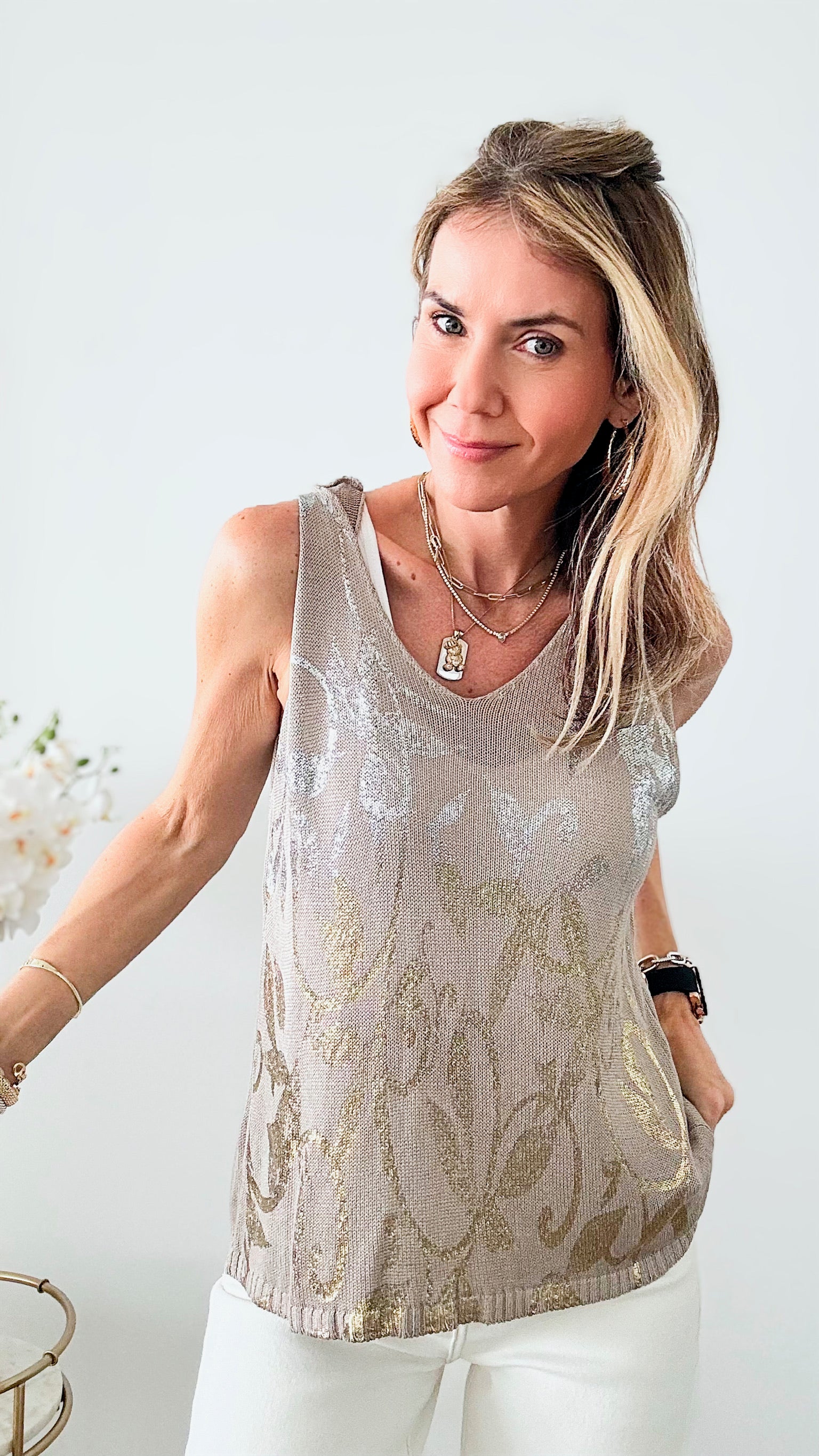 Metallic Duo Italian Knit Sleeveless Top - Taupe-100 Sleeveless Tops-Look Mode-Coastal Bloom Boutique, find the trendiest versions of the popular styles and looks Located in Indialantic, FL