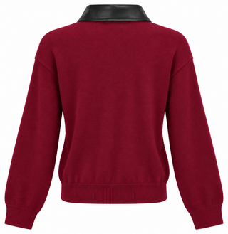Faux Leather Edge Collar Sweatshirt - Wine