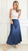 Brooklyn Italian Satin Midi Skirt - Navy-170 Bottoms-Italianissimo-Coastal Bloom Boutique, find the trendiest versions of the popular styles and looks Located in Indialantic, FL