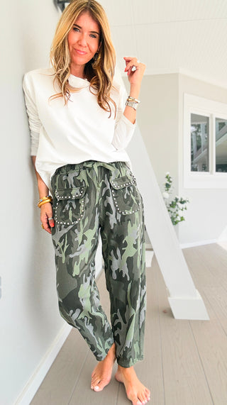 Camo Studded Pocket Italian Jogger Pant - Olive