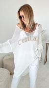 Italian C'est La Vie Knit Pullover - Ivory/Gold-140 Sweaters-Germany-Coastal Bloom Boutique, find the trendiest versions of the popular styles and looks Located in Indialantic, FL