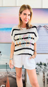 Embroidered Knitted Short-Sleeved Sweater-Black, White-110 Short Sleeve Tops-BIBI-Coastal Bloom Boutique, find the trendiest versions of the popular styles and looks Located in Indialantic, FL