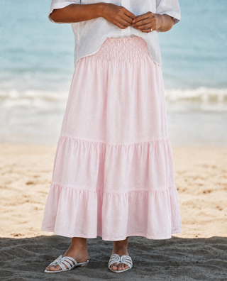 Smocked Waist Tiered Italian Linen Maxi Skirt- Light Pink