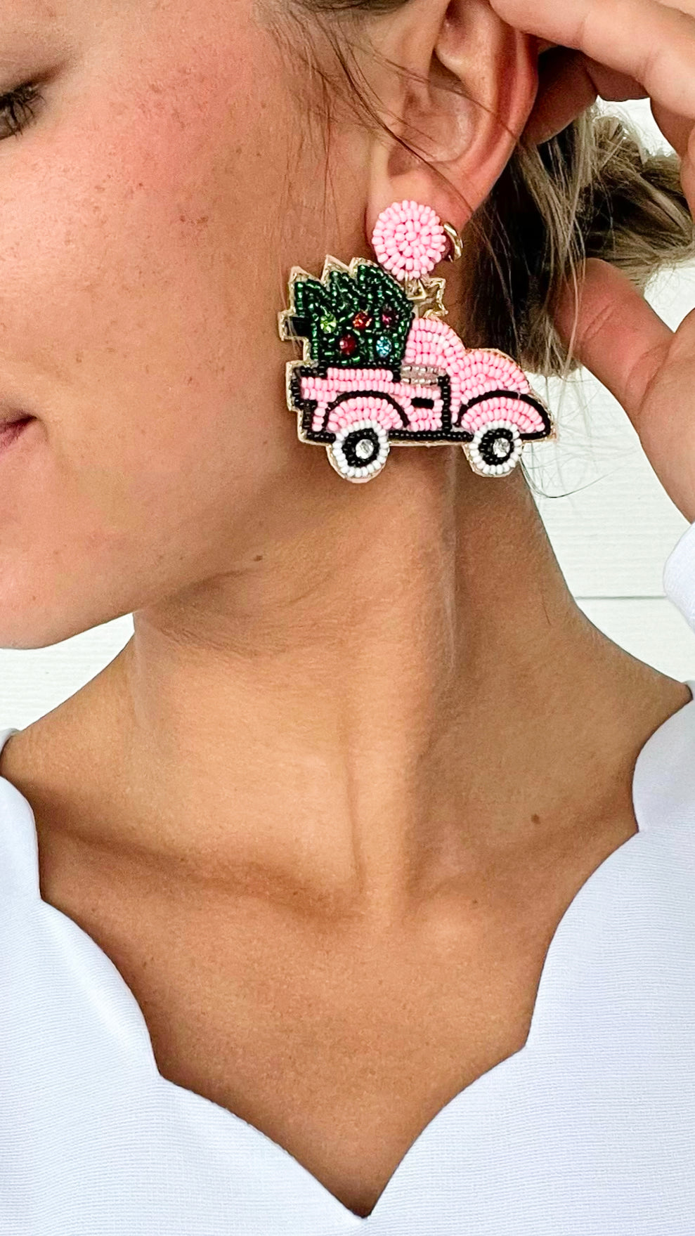Christmas Tree & Truck Earrings - Pink-230 Jewelry-Golden Stella-Coastal Bloom Boutique, find the trendiest versions of the popular styles and looks Located in Indialantic, FL