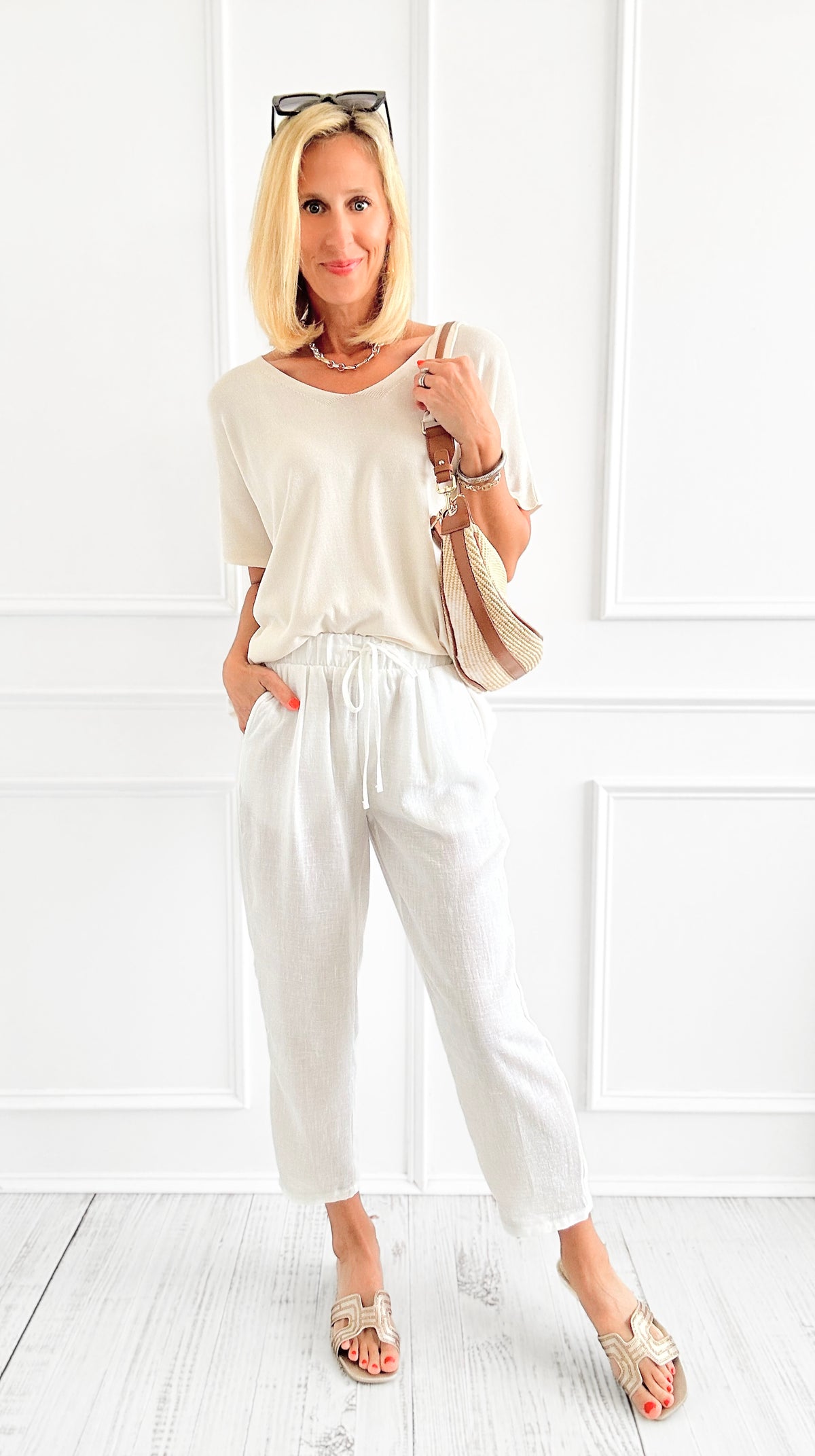 Woven Crepe Drawstring Elastic Waist Pants - Off White-170 Bottoms-Zenana-Coastal Bloom Boutique, find the trendiest versions of the popular styles and looks Located in Indialantic, FL