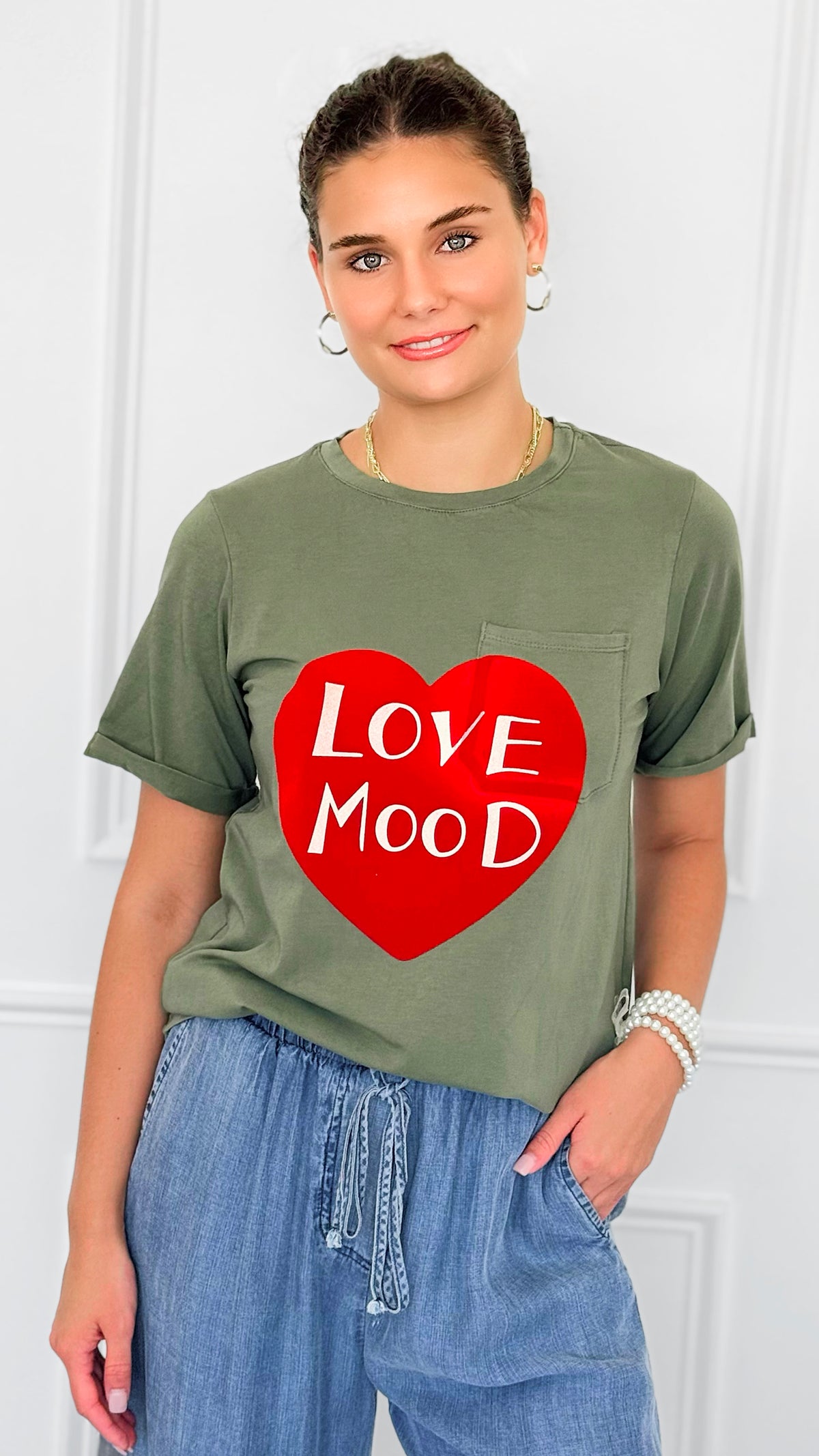 Love Mood Italian Graphic tee- Olive-110 short Sleeve Top-V SKY-Coastal Bloom Boutique, find the trendiest versions of the popular styles and looks Located in Indialantic, FL